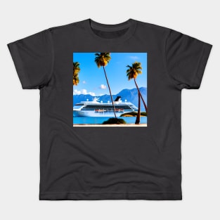 A Cruise Ship Sailing Past A Tropical Island With Mountains In The Background Kids T-Shirt